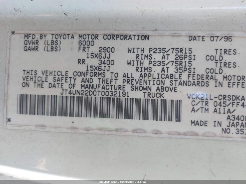 1996 Toyota T100 Xtracab VIN: JT4UN22D0T0032191 Lot: 43416687