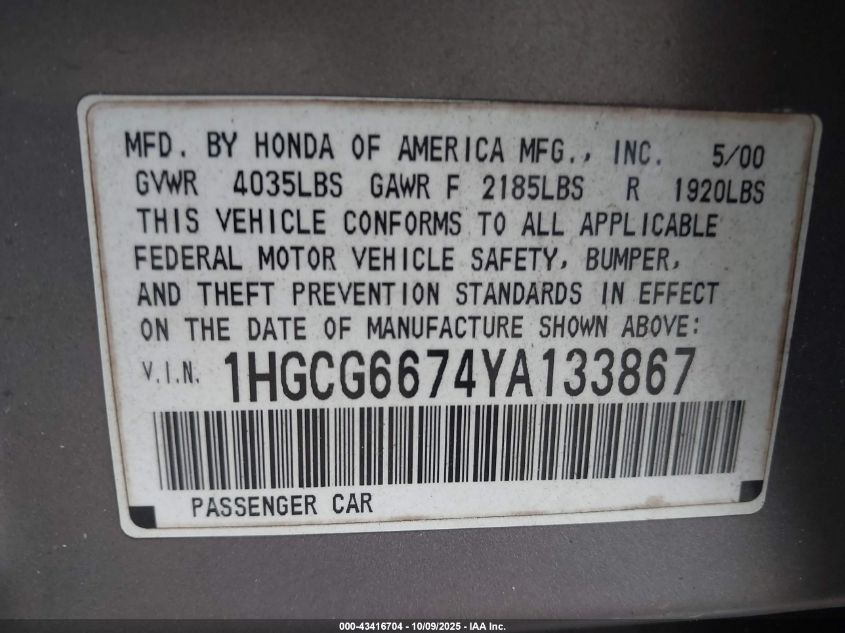 2000 Honda Accord 2.3 Ex VIN: 1HGCG6674YA133867 Lot: 43416704