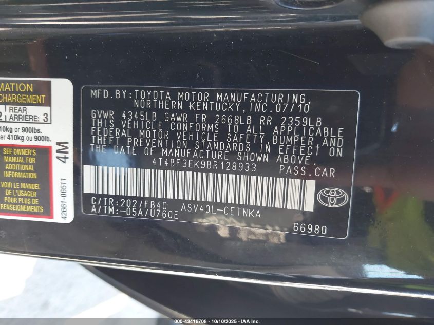 2011 Toyota Camry Le VIN: 4T4BF3EK9BR128933 Lot: 43416708