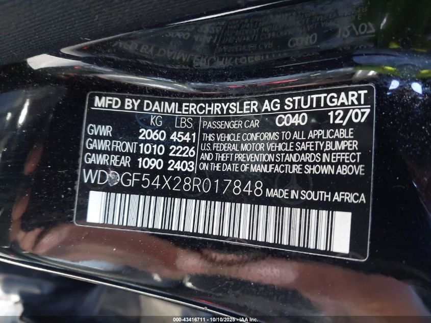 2008 Mercedes-Benz C 300 Luxury/Sport VIN: WDDGF54X28R017848 Lot: 43416711