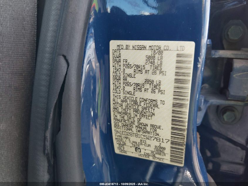 2001 Nissan Xterra Xe-V6 VIN: 5N1ED28T81C527817 Lot: 43416713