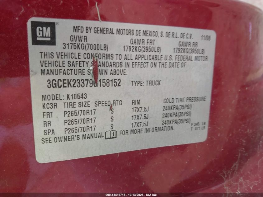 2009 Chevrolet Silverado 1500 Lt VIN: 3GCEK23379G158152 Lot: 43416715