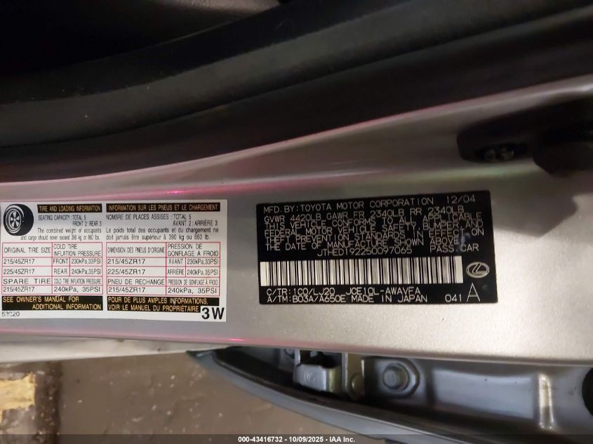 2005 Lexus Is 300 Sport Cross VIN: JTHED192250097065 Lot: 43416732