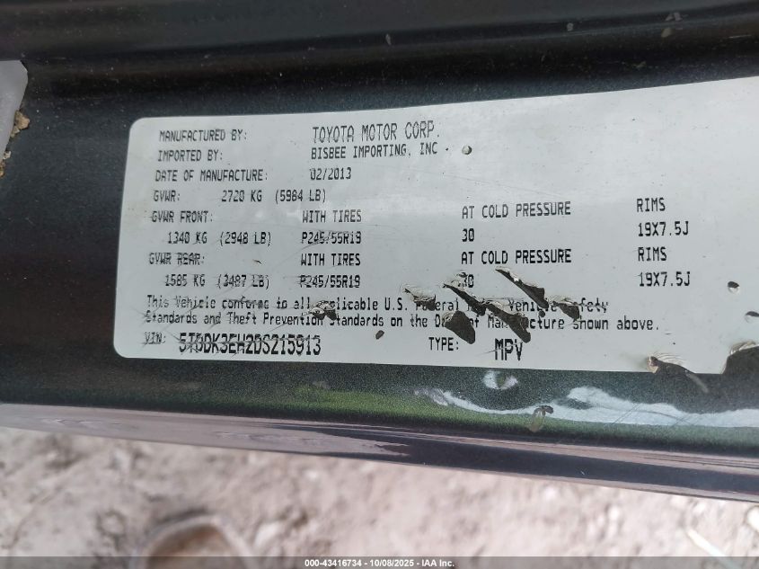 2013 Toyota Highlander V6 Limited VIN: 5TDDK3EH2DS215913 Lot: 43416734