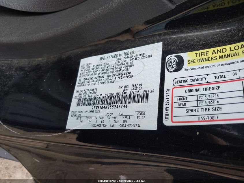 2005 Ford Mustang VIN: 1ZVFT84N255247744 Lot: 43416736