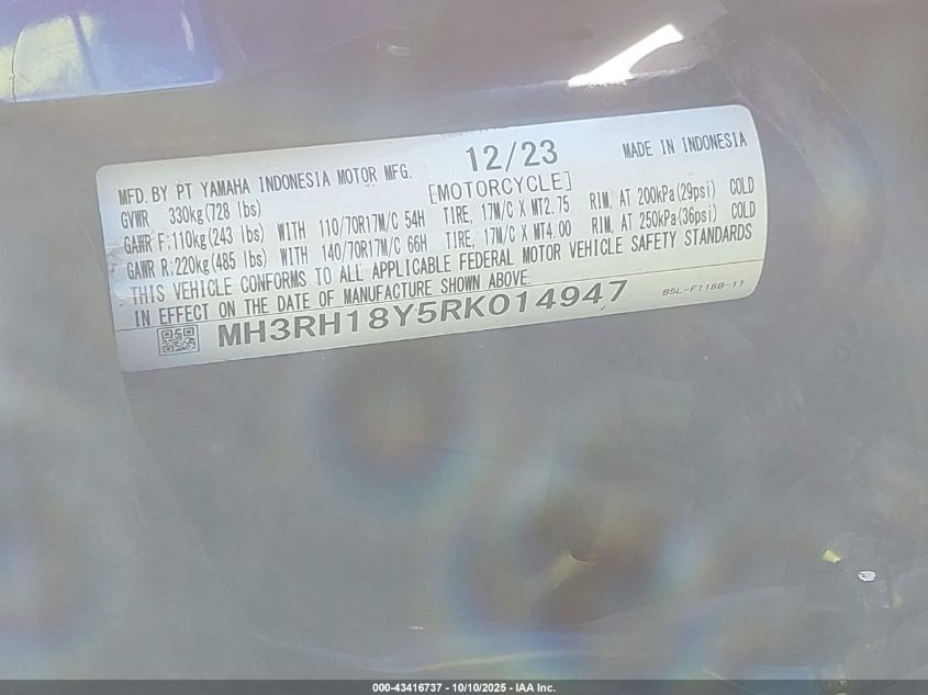 2024 Yamaha Yzfr3 A VIN: MH3RH18Y5RK014947 Lot: 43416737