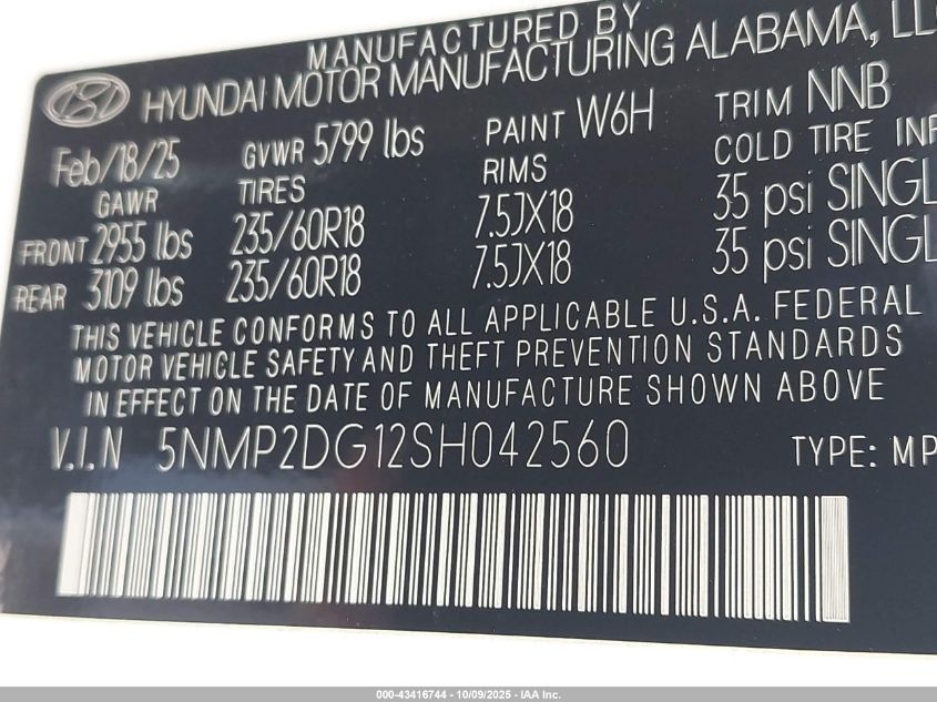 2025 Hyundai Santa Fe Hybrid Sel VIN: 5NMP2DG12SH042560 Lot: 43416744