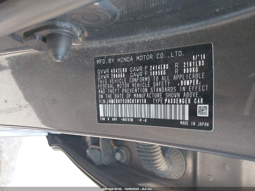 2017 Honda Accord Hybrid Ex-L VIN: JHMCR6F53HC010118 Lot: 43416745