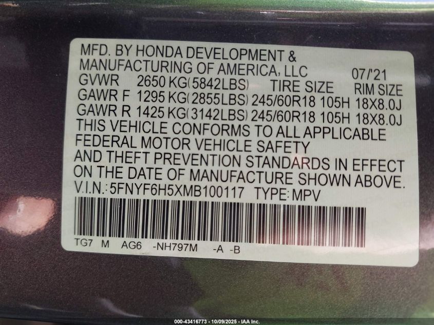 2021 Honda Pilot Awd Ex-L VIN: 5FNYF6H5XMB100117 Lot: 43416773