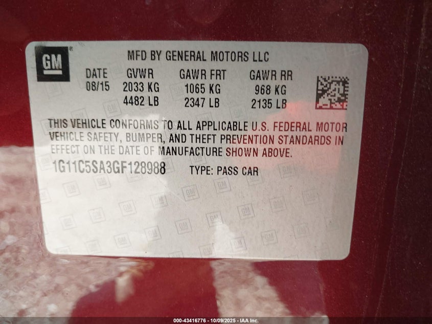 2016 CHEVROLET MALIBU LIMITED LT 1G11C5SA3GF128988