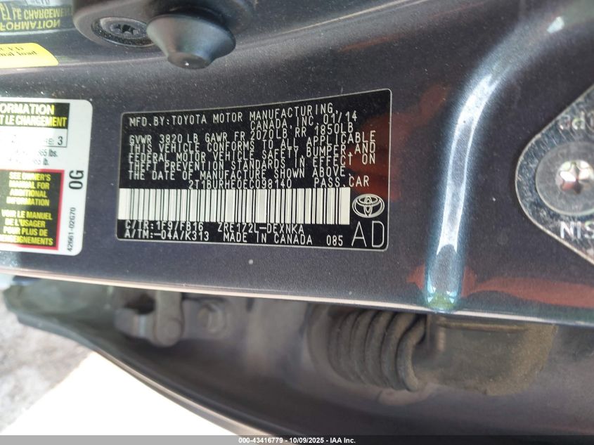 2014 Toyota Corolla Le Plus VIN: 2T1BURHE0EC098140 Lot: 43416779