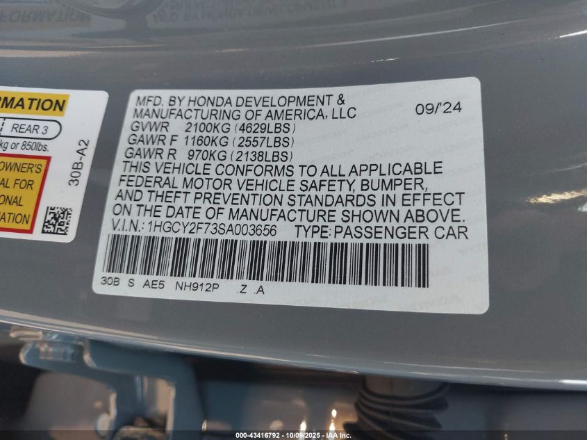 2025 Honda Accord Hybrid Sport-L VIN: 1HGCY2F73SA003656 Lot: 43416792