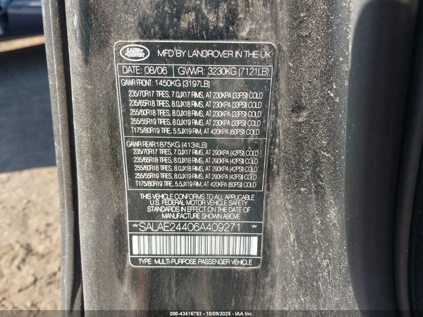 2006 Land Rover Lr3 V6 VIN: SALAE24406A409271 Lot: 43416793