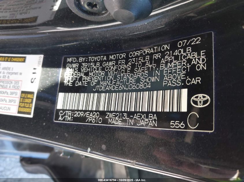 2022 Toyota Corolla Hybrid Le VIN: JTDEAMDE6NJ060804 Lot: 43416794