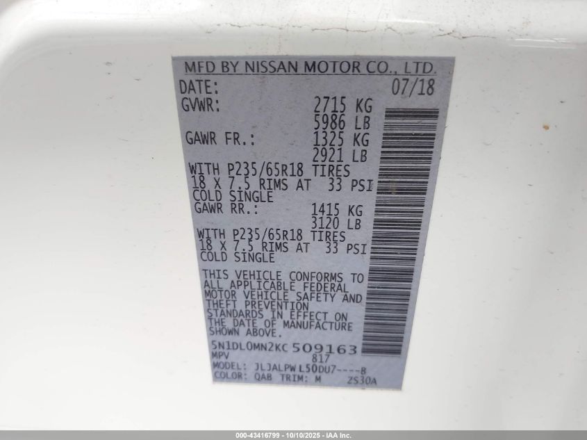 2019 Infiniti Qx60 Pure VIN: 5N1DL0MN2KC509163 Lot: 43416799