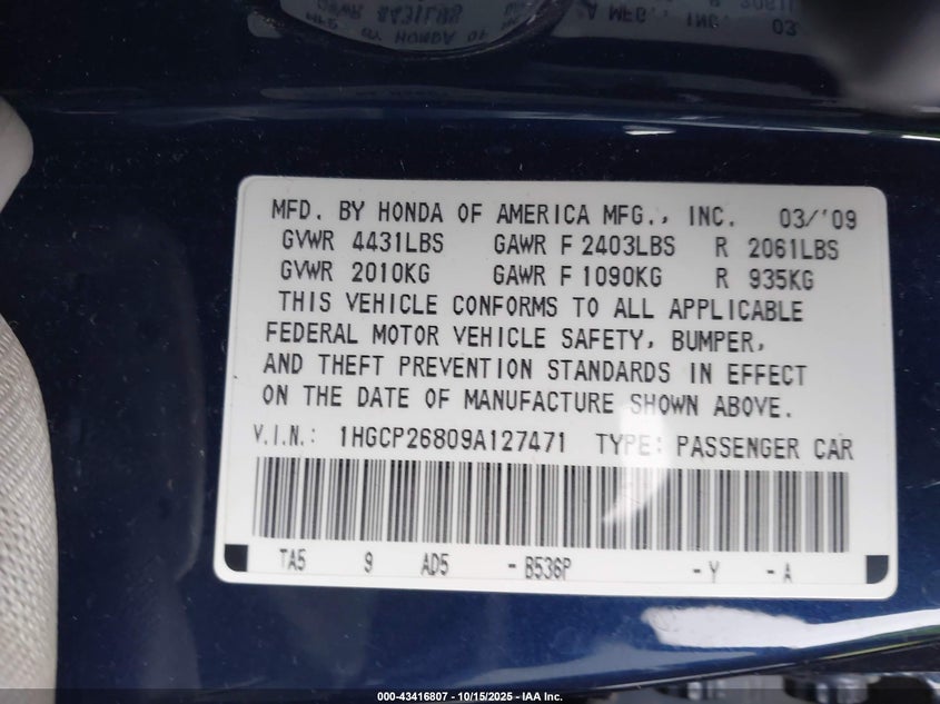 1HGCP26809A127471 2009 HONDA ACCORD photo no. 9