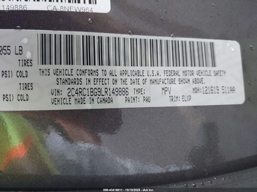 2020 Chrysler Pacifica Touring L VIN: 2C4RC1BG9LR149886 Lot: 43416811