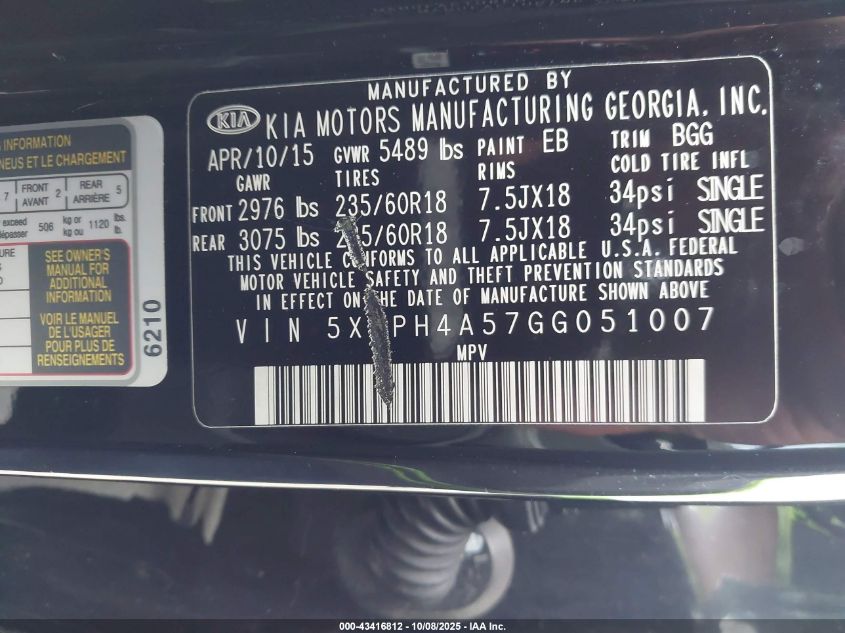 2016 Kia Sorento 3.3L Ex VIN: 5XYPH4A57GG051007 Lot: 43416812