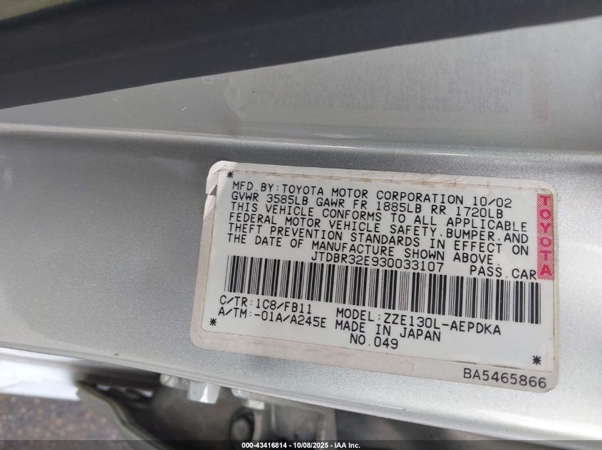 2003 Toyota Corolla Ce VIN: JTDBR32E930033107 Lot: 43416814