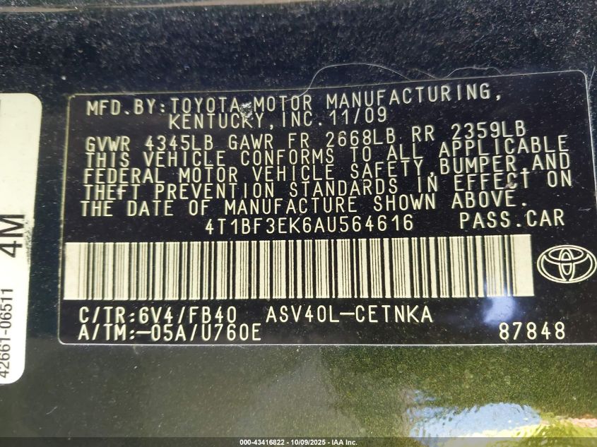 2010 Toyota Camry Le VIN: 4T1BF3EK6AU564616 Lot: 43416822