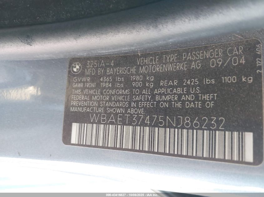 2005 BMW 325I VIN: WBAET37475NJ86232 Lot: 43416827