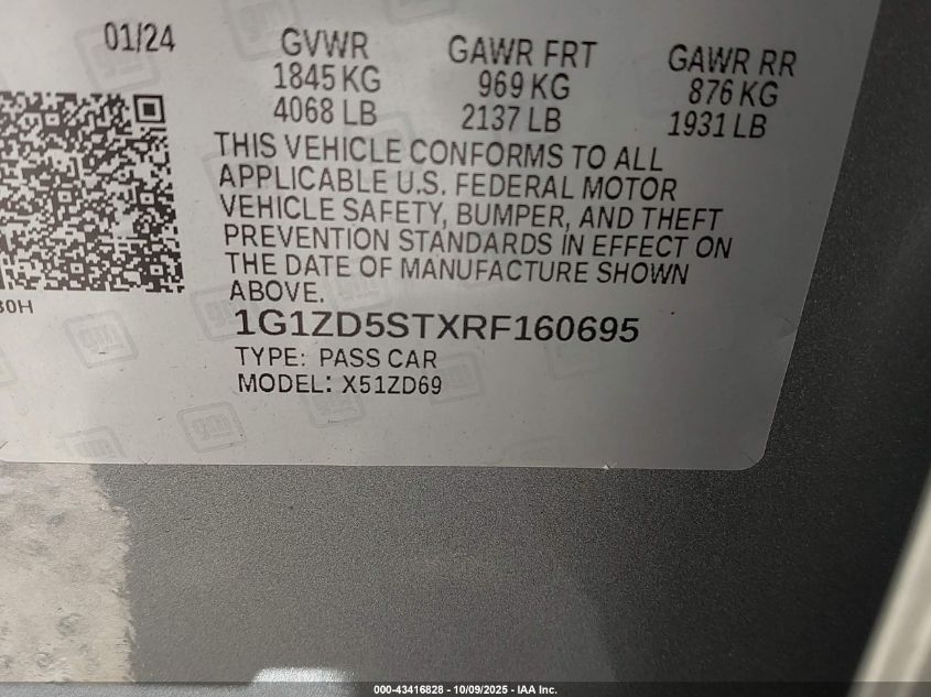 2024 Chevrolet Malibu Fwd 1Lt VIN: 1G1ZD5STXRF160695 Lot: 43416828