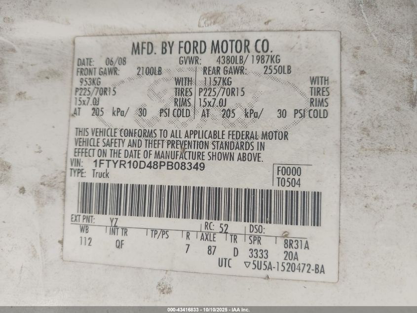 2008 Ford Ranger Xl/Xlt VIN: 1FTYR10D48PB08349 Lot: 43416833