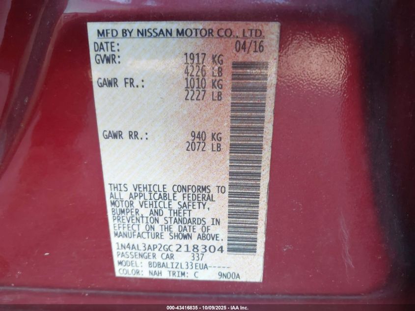 2016 Nissan Altima 2.5/2.5 S/2.5 Sl/2.5 Sr/2.5 Sv VIN: 1N4AL3AP2GC218304 Lot: 43416835