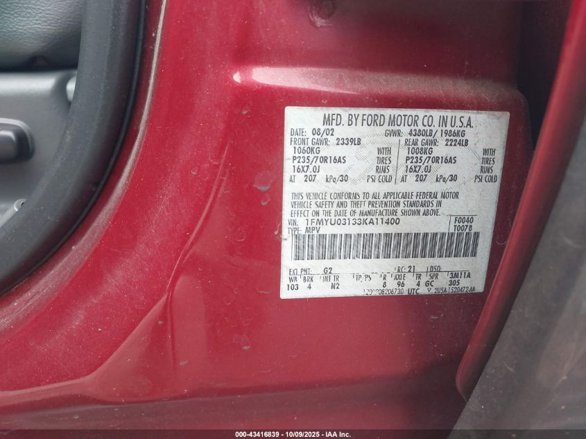 2003 Ford Escape Xlt VIN: 1FMYU03133KA11400 Lot: 43416839