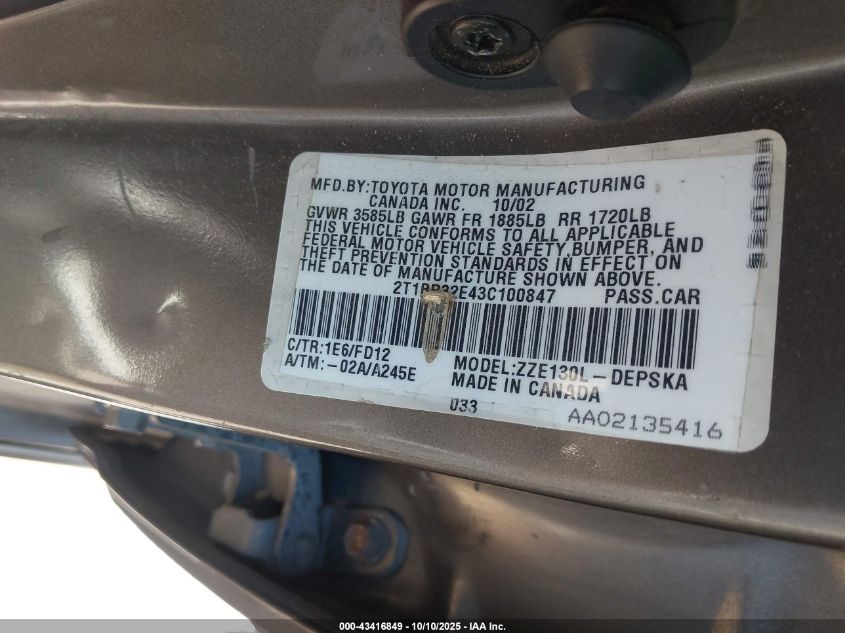 2003 Toyota Corolla S VIN: 2T1BR32E43C100847 Lot: 43416849