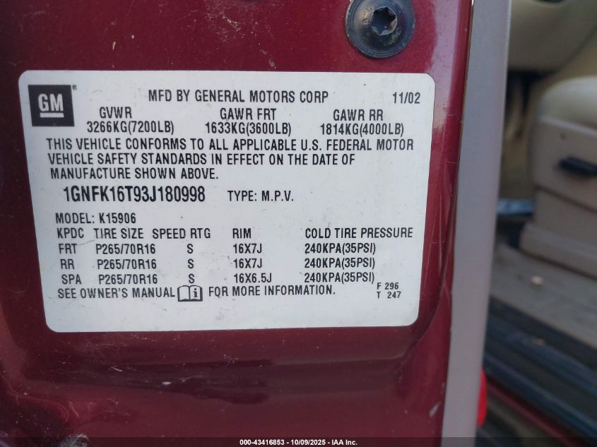 2003 Chevrolet Suburban 1500 Lt VIN: 1GNFK16T93J180998 Lot: 43416853