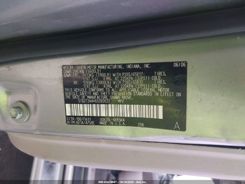 2006 Toyota Sequoia Sr5 V8 VIN: 5TDZT34A46S282622 Lot: 43416867