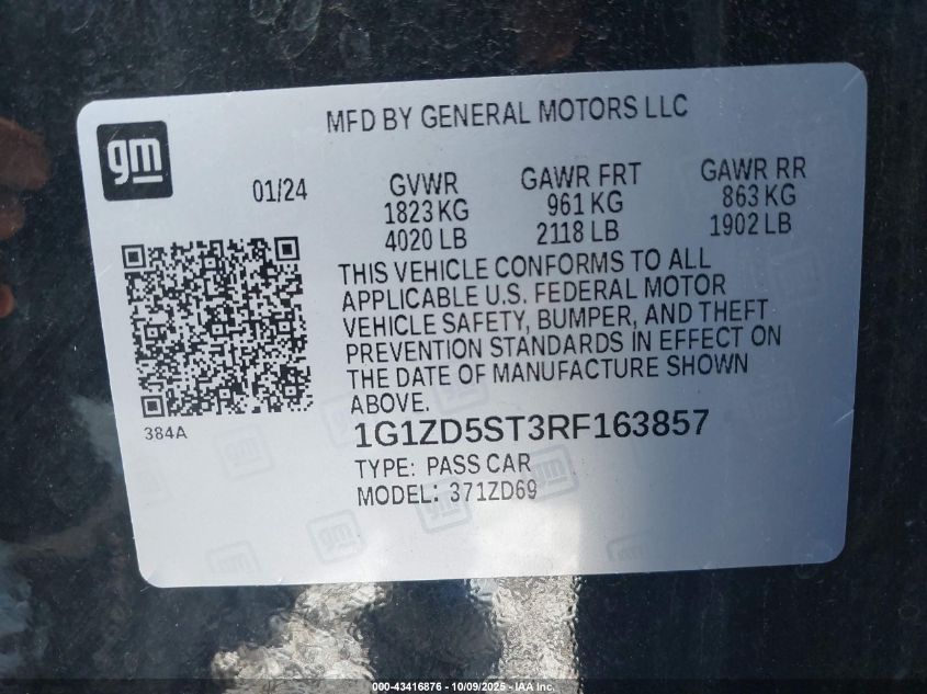 2024 Chevrolet Malibu Fwd 1Lt VIN: 1G1ZD5ST3RF163857 Lot: 43416876