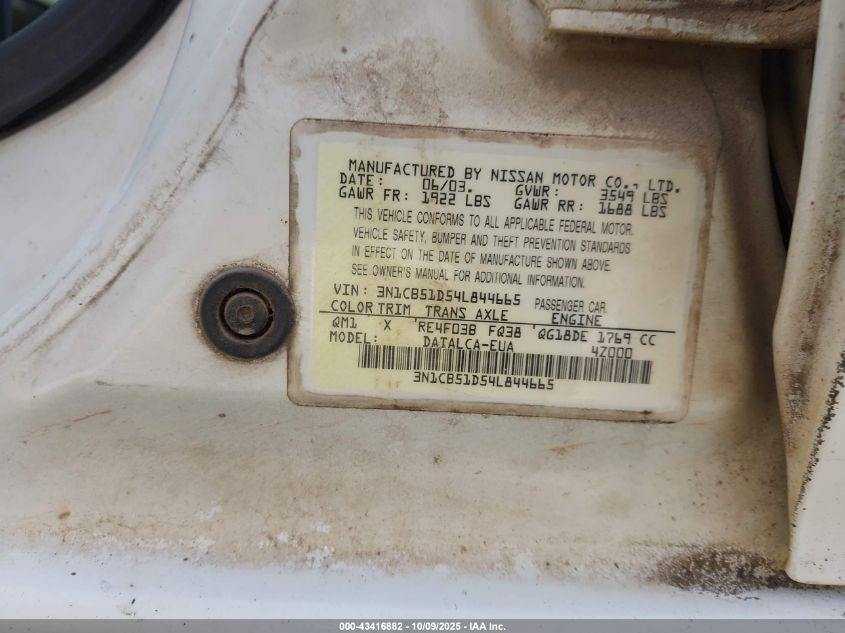 2004 Nissan Sentra 1.8 VIN: 3N1CB51D54L844665 Lot: 43416882