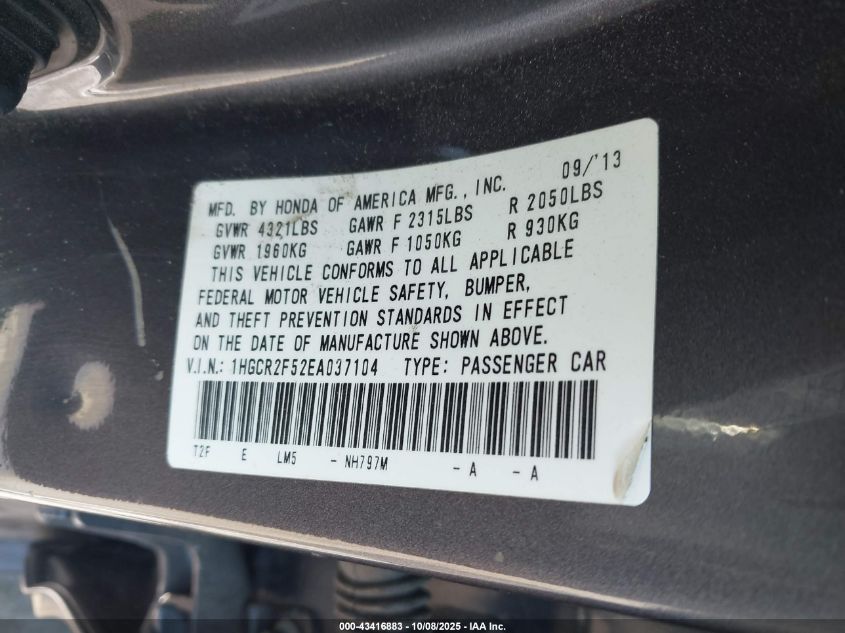 2014 Honda Accord Sport VIN: 1HGCR2F52EA037104 Lot: 43416883