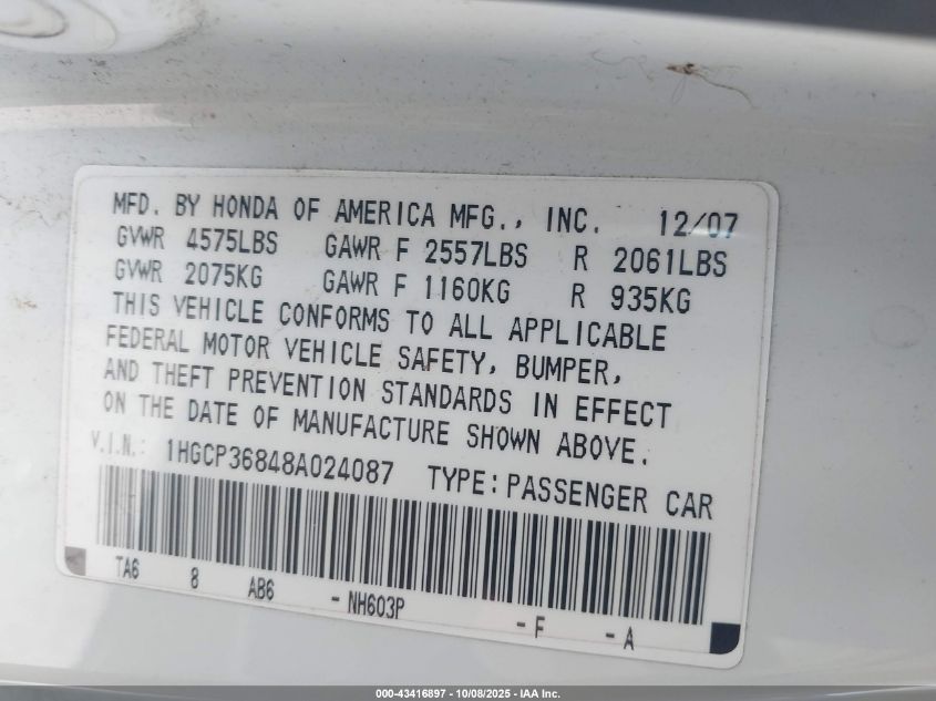2008 Honda Accord 3.5 Ex-L VIN: 1HGCP36848A024087 Lot: 43416897