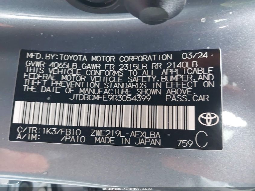 2024 Toyota Corolla Hybrid Le VIN: JTDBCMFE9R3054399 Lot: 43416903