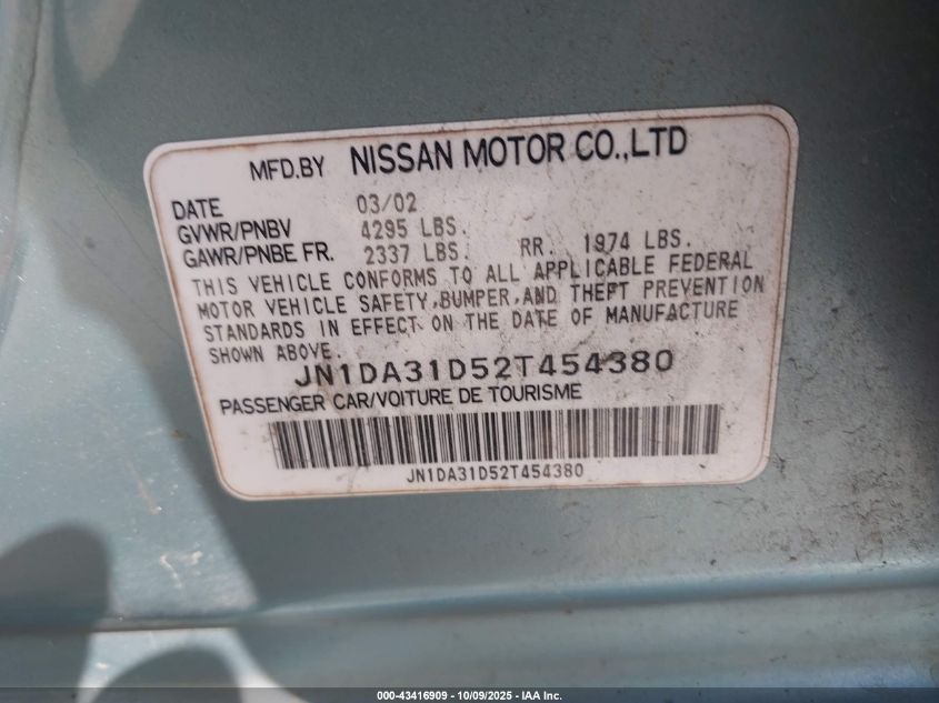 2002 Nissan Maxima Gle VIN: JN1DA31D52T454380 Lot: 43416909