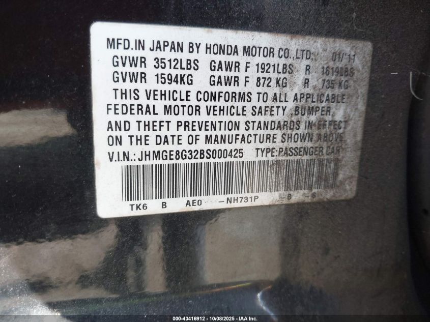 2011 Honda Fit VIN: JHMGE8G32BS000425 Lot: 43416912