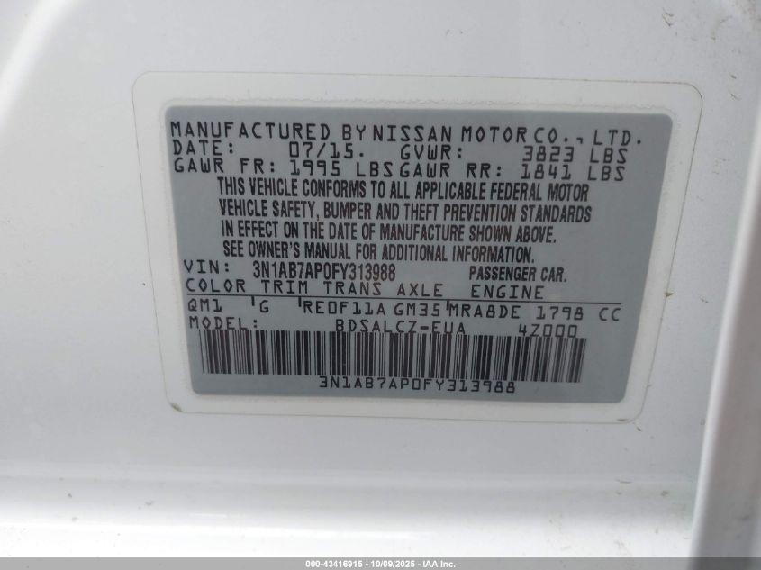 2015 Nissan Sentra S VIN: 3N1AB7AP0FY313988 Lot: 43416915