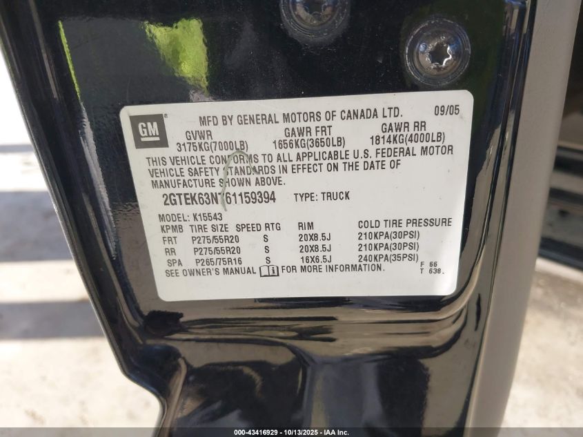 2006 GMC Sierra 1500 Denali VIN: 2GTEK63N761159394 Lot: 43416929