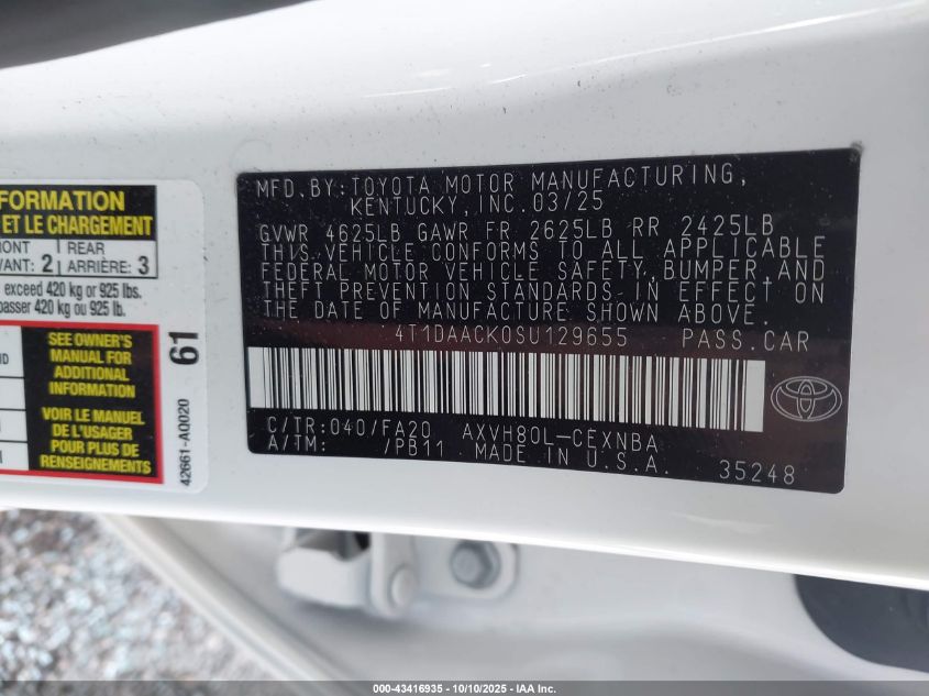 2025 Toyota Camry Le VIN: 4T1DAACK0SU129655 Lot: 43416935