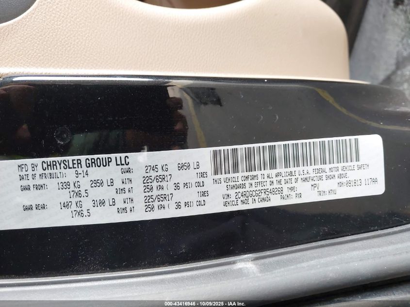 2015 Dodge Grand Caravan Sxt VIN: 2C4RDGCG2FR548268 Lot: 43416946