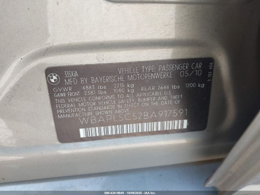 2011 BMW 335I xDrive VIN: WBAPL5C52BA917591 Lot: 43416949