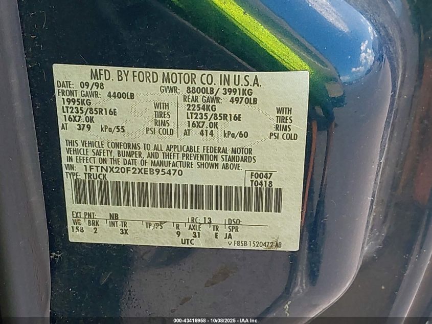 1999 Ford F-250 Lariat/Xl/Xlt VIN: 1FTNX20F2XEB95470 Lot: 43416958