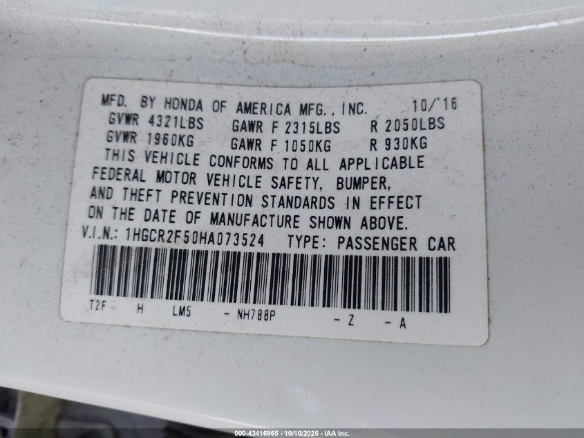 2017 Honda Accord Sport VIN: 1HGCR2F50HA073524 Lot: 43416965