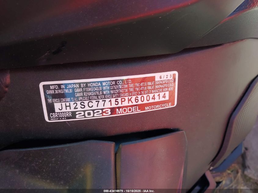 2023 Honda Cbr1000 Rr VIN: JH2SC7715PK600414 Lot: 43416979