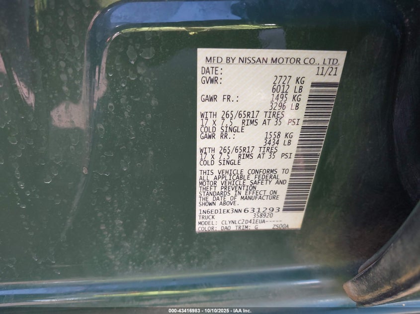 2022 Nissan Frontier Sv 4X4 VIN: 1N6ED1EK3NN631293 Lot: 43416983