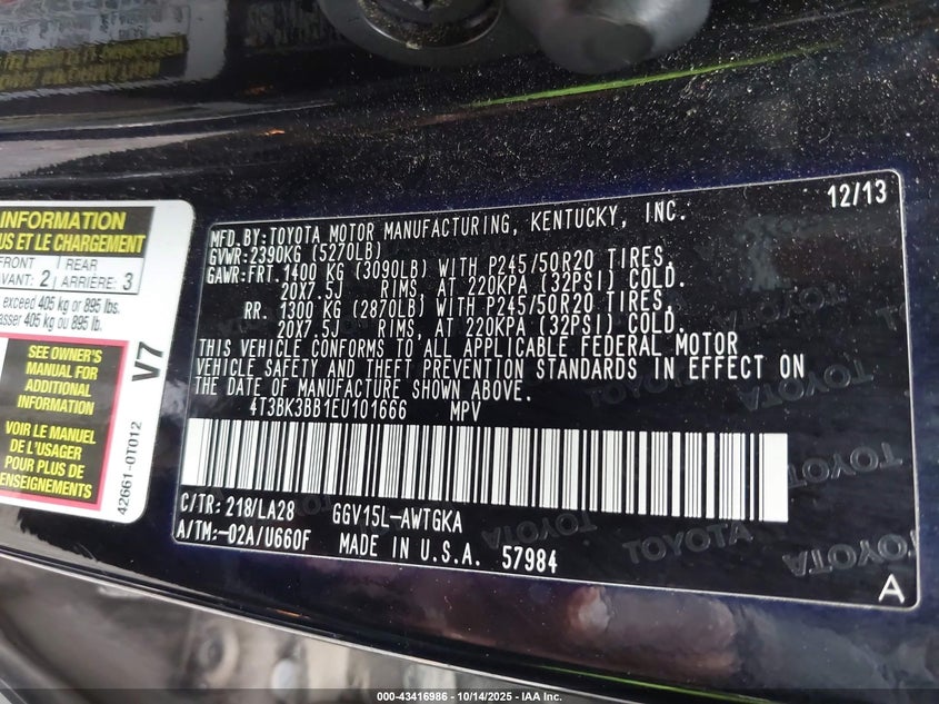 2014 TOYOTA VENZA XLE V6 4T3BK3BB1EU101666