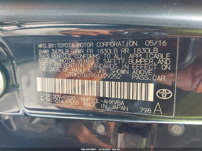 2016 Toyota Prius C Two VIN: JTDKDTB39G1129252 Lot: 43416987